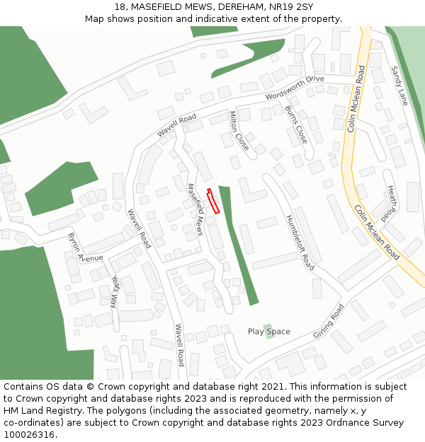 18, MASEFIELD MEWS, DEREHAM, NR19 2SY: Location map and indicative extent of plot