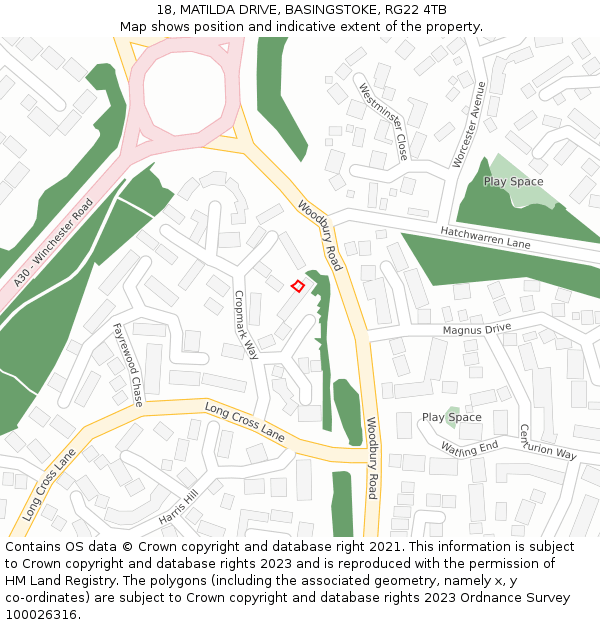 18, MATILDA DRIVE, BASINGSTOKE, RG22 4TB: Location map and indicative extent of plot
