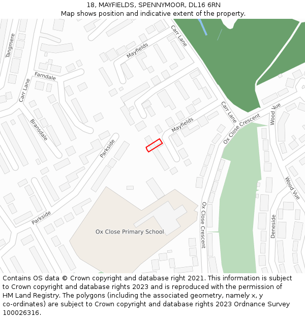 18, MAYFIELDS, SPENNYMOOR, DL16 6RN: Location map and indicative extent of plot