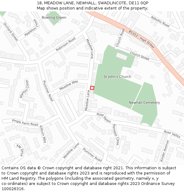 18, MEADOW LANE, NEWHALL, SWADLINCOTE, DE11 0QP: Location map and indicative extent of plot