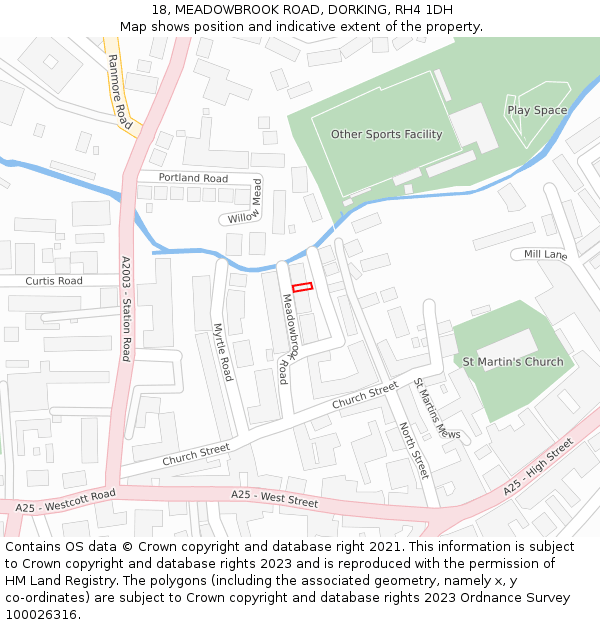 18, MEADOWBROOK ROAD, DORKING, RH4 1DH: Location map and indicative extent of plot