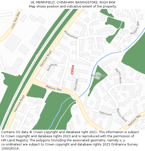 18, MERRYFIELD, CHINEHAM, BASINGSTOKE, RG24 8XW: Location map and indicative extent of plot