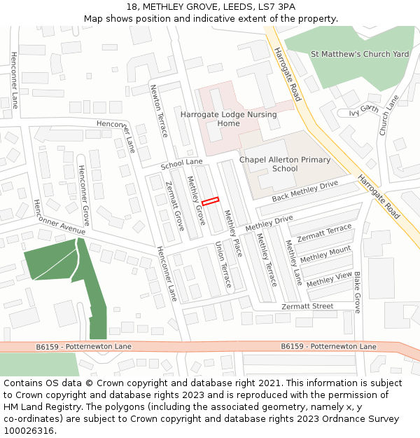 18, METHLEY GROVE, LEEDS, LS7 3PA: Location map and indicative extent of plot