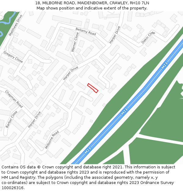 18, MILBORNE ROAD, MAIDENBOWER, CRAWLEY, RH10 7LN: Location map and indicative extent of plot