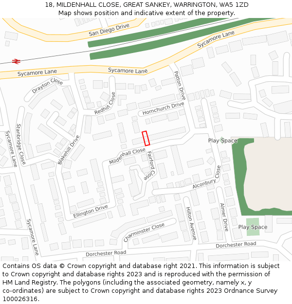 18, MILDENHALL CLOSE, GREAT SANKEY, WARRINGTON, WA5 1ZD: Location map and indicative extent of plot