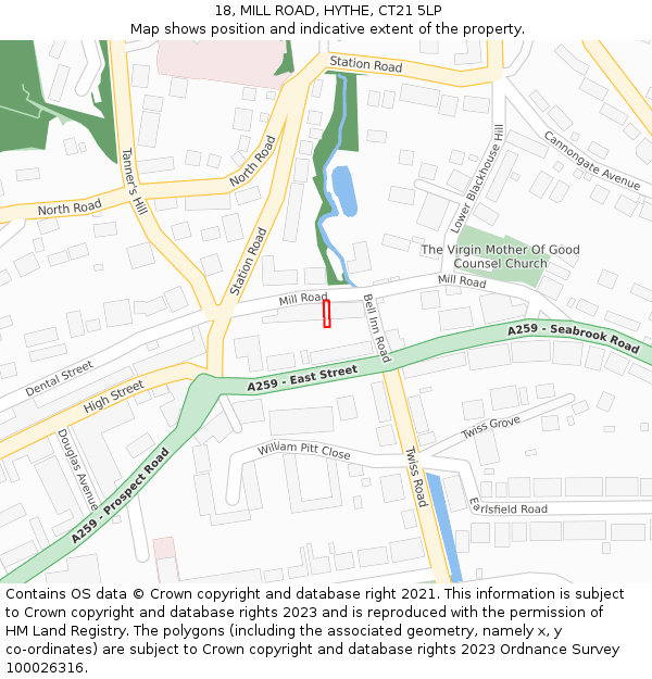 18, MILL ROAD, HYTHE, CT21 5LP: Location map and indicative extent of plot