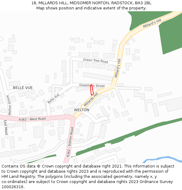 18, MILLARDS HILL, MIDSOMER NORTON, RADSTOCK, BA3 2BL: Location map and indicative extent of plot