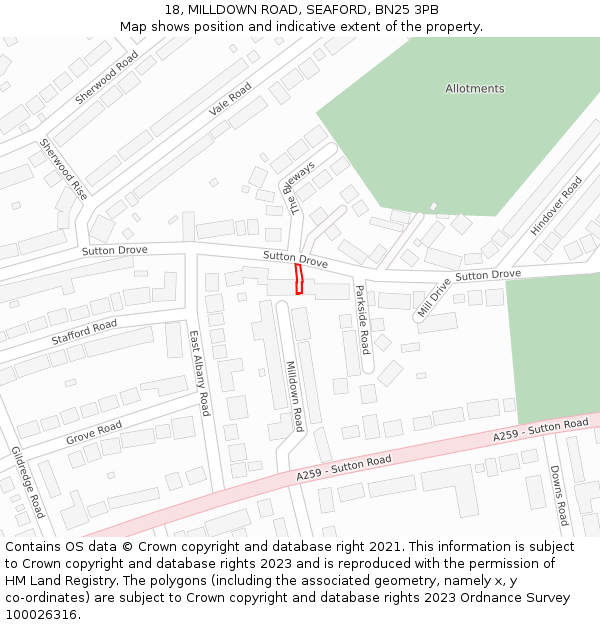 18, MILLDOWN ROAD, SEAFORD, BN25 3PB: Location map and indicative extent of plot
