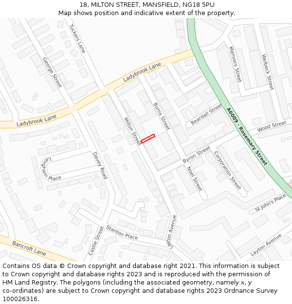 18, MILTON STREET, MANSFIELD, NG18 5PU: Location map and indicative extent of plot