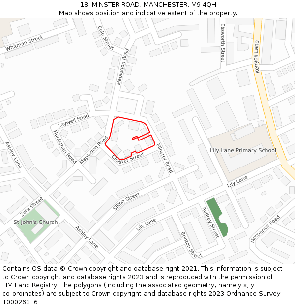 18, MINSTER ROAD, MANCHESTER, M9 4QH: Location map and indicative extent of plot