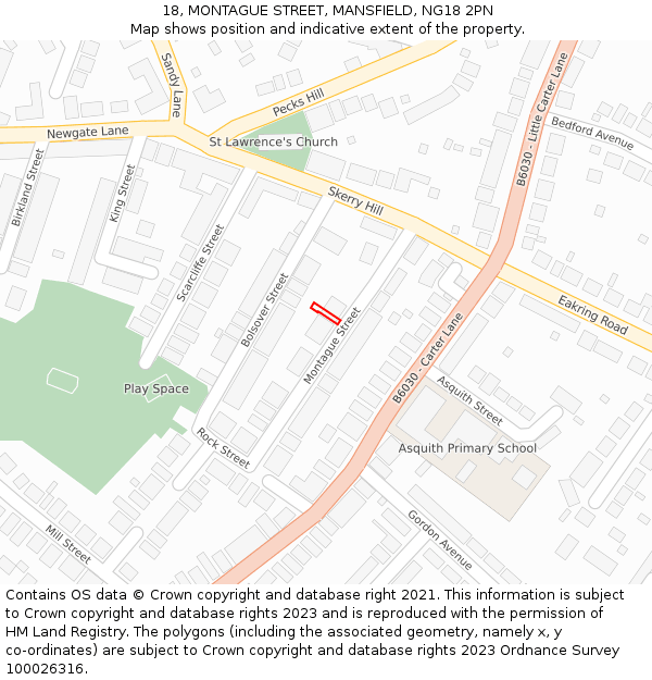 18, MONTAGUE STREET, MANSFIELD, NG18 2PN: Location map and indicative extent of plot