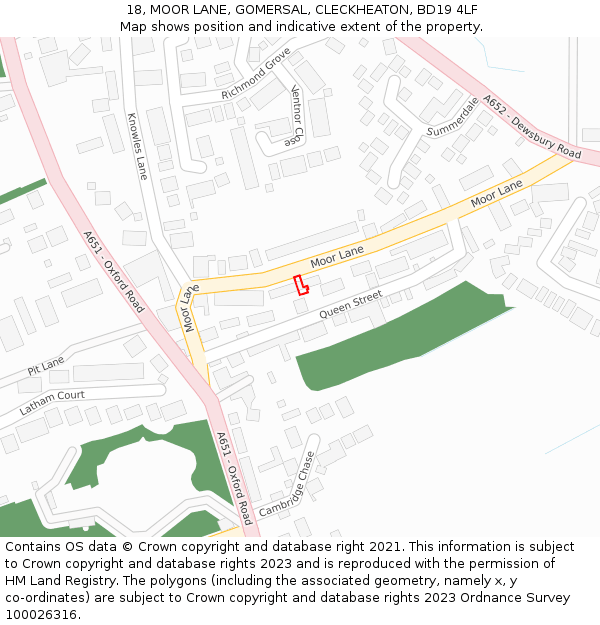18, MOOR LANE, GOMERSAL, CLECKHEATON, BD19 4LF: Location map and indicative extent of plot