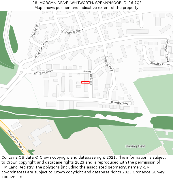 18, MORGAN DRIVE, WHITWORTH, SPENNYMOOR, DL16 7QF: Location map and indicative extent of plot