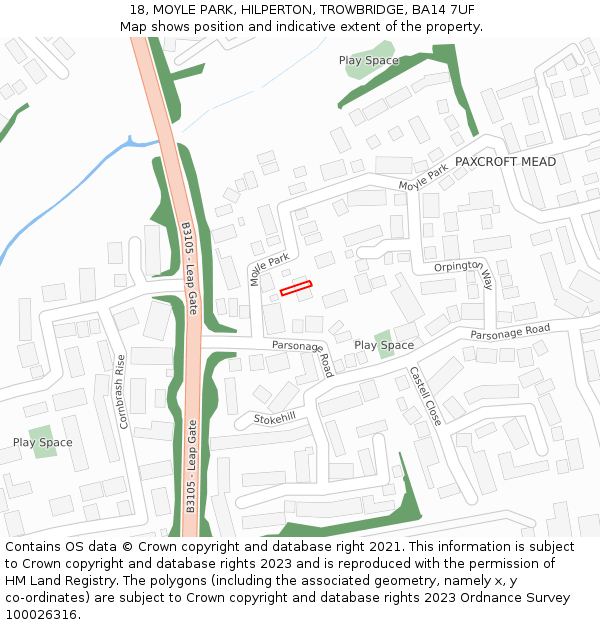 18, MOYLE PARK, HILPERTON, TROWBRIDGE, BA14 7UF: Location map and indicative extent of plot