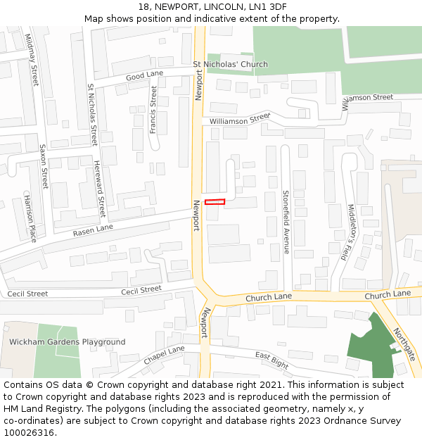 18, NEWPORT, LINCOLN, LN1 3DF: Location map and indicative extent of plot
