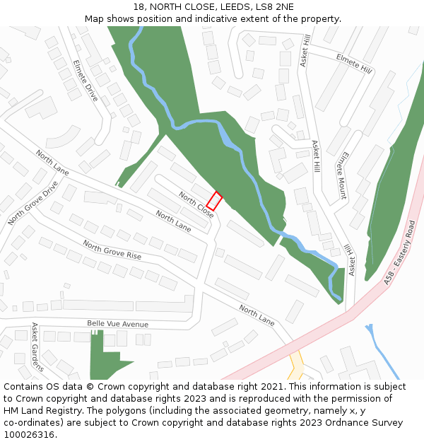18, NORTH CLOSE, LEEDS, LS8 2NE: Location map and indicative extent of plot