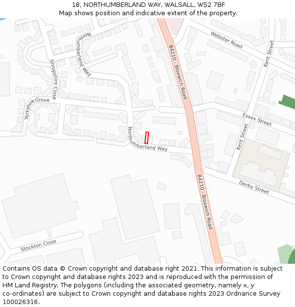 18, NORTHUMBERLAND WAY, WALSALL, WS2 7BF: Location map and indicative extent of plot