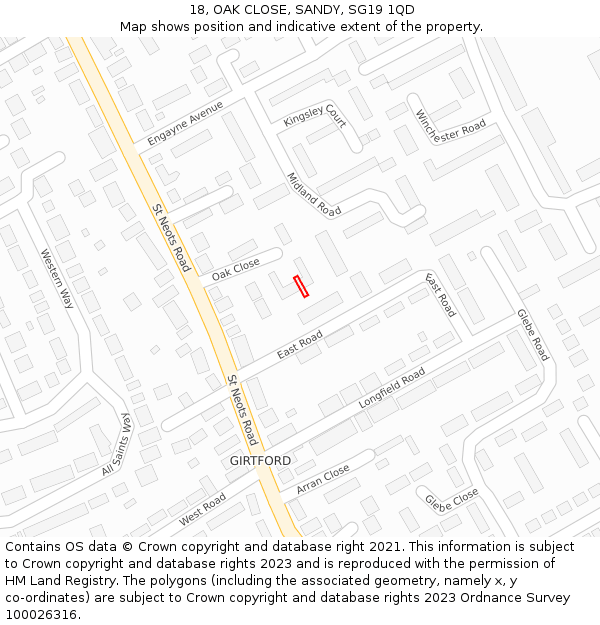 18, OAK CLOSE, SANDY, SG19 1QD: Location map and indicative extent of plot