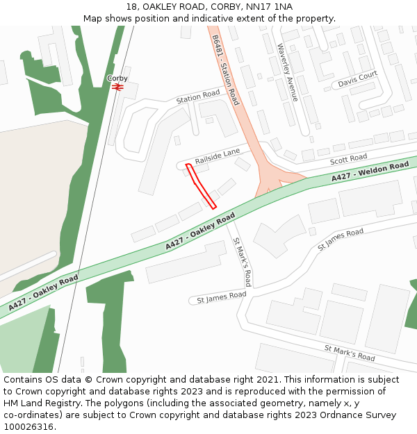 18, OAKLEY ROAD, CORBY, NN17 1NA: Location map and indicative extent of plot