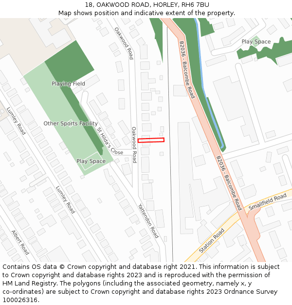 18, OAKWOOD ROAD, HORLEY, RH6 7BU: Location map and indicative extent of plot