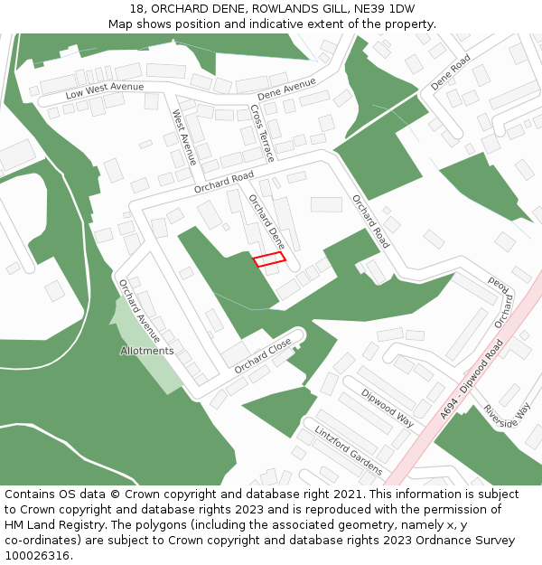 18, ORCHARD DENE, ROWLANDS GILL, NE39 1DW: Location map and indicative extent of plot