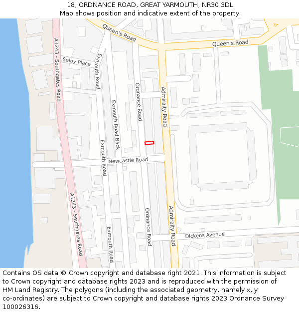 18, ORDNANCE ROAD, GREAT YARMOUTH, NR30 3DL: Location map and indicative extent of plot