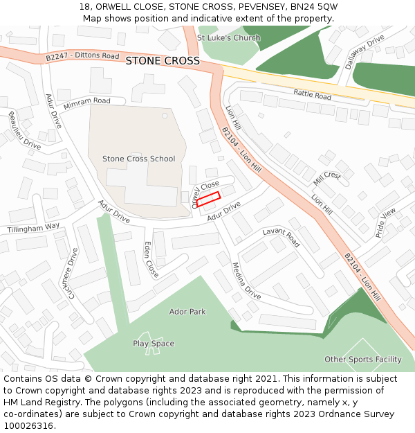 18, ORWELL CLOSE, STONE CROSS, PEVENSEY, BN24 5QW: Location map and indicative extent of plot