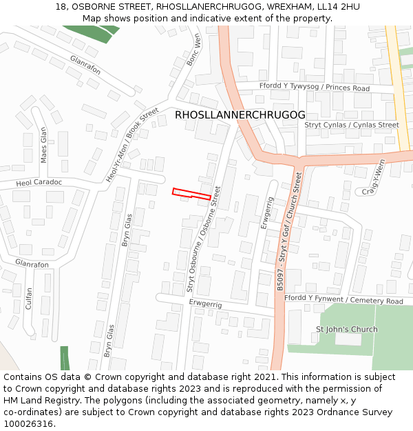 18, OSBORNE STREET, RHOSLLANERCHRUGOG, WREXHAM, LL14 2HU: Location map and indicative extent of plot