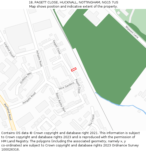 18, PAGETT CLOSE, HUCKNALL, NOTTINGHAM, NG15 7US: Location map and indicative extent of plot