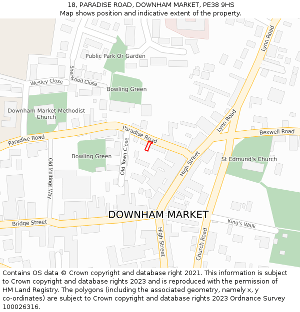 18, PARADISE ROAD, DOWNHAM MARKET, PE38 9HS: Location map and indicative extent of plot