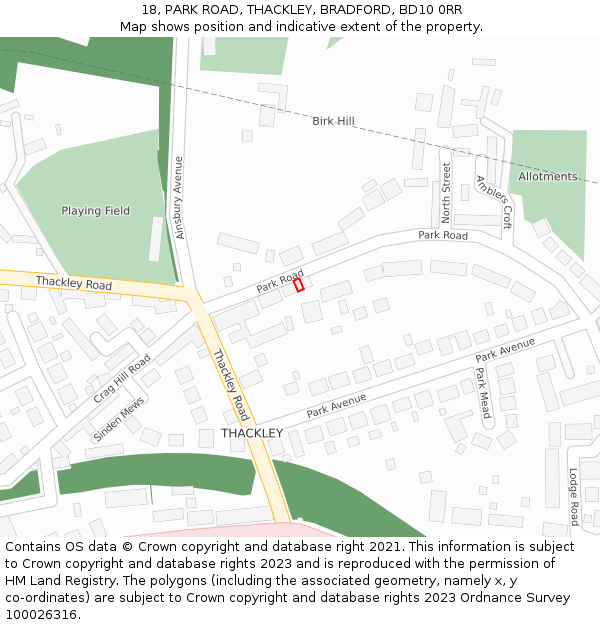 18, PARK ROAD, THACKLEY, BRADFORD, BD10 0RR: Location map and indicative extent of plot