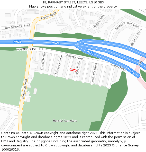 18, PARNABY STREET, LEEDS, LS10 3BX: Location map and indicative extent of plot