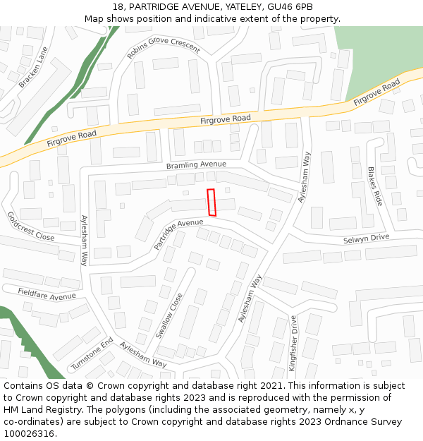 18, PARTRIDGE AVENUE, YATELEY, GU46 6PB: Location map and indicative extent of plot