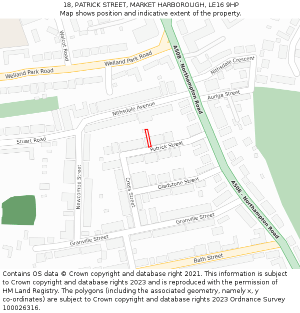 18, PATRICK STREET, MARKET HARBOROUGH, LE16 9HP: Location map and indicative extent of plot