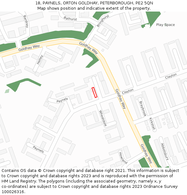 18, PAYNELS, ORTON GOLDHAY, PETERBOROUGH, PE2 5QN: Location map and indicative extent of plot