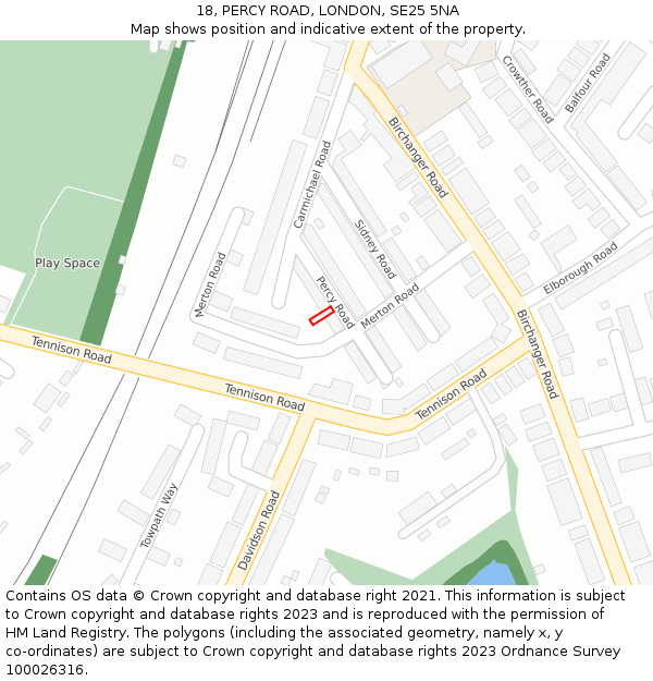 18, PERCY ROAD, LONDON, SE25 5NA: Location map and indicative extent of plot