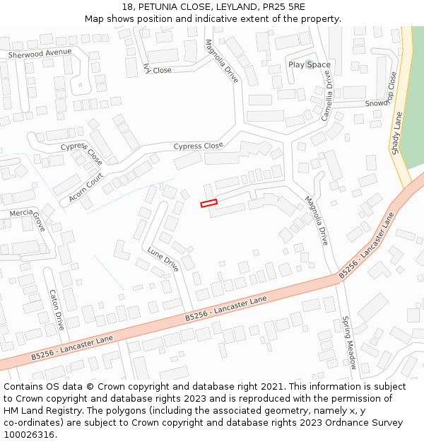 18, PETUNIA CLOSE, LEYLAND, PR25 5RE: Location map and indicative extent of plot