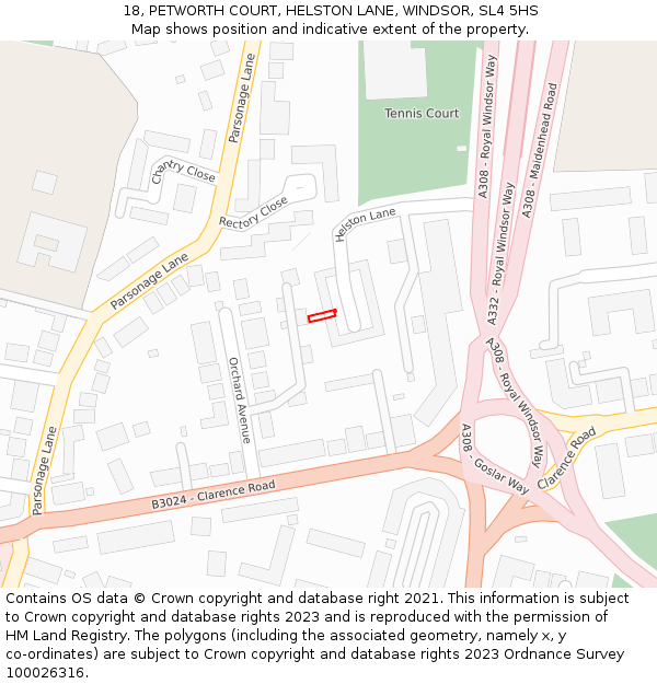 18, PETWORTH COURT, HELSTON LANE, WINDSOR, SL4 5HS: Location map and indicative extent of plot