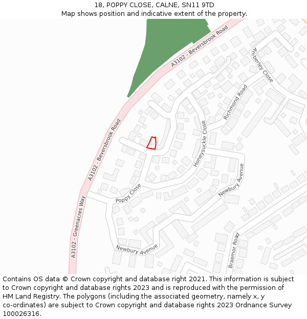 18, POPPY CLOSE, CALNE, SN11 9TD: Location map and indicative extent of plot