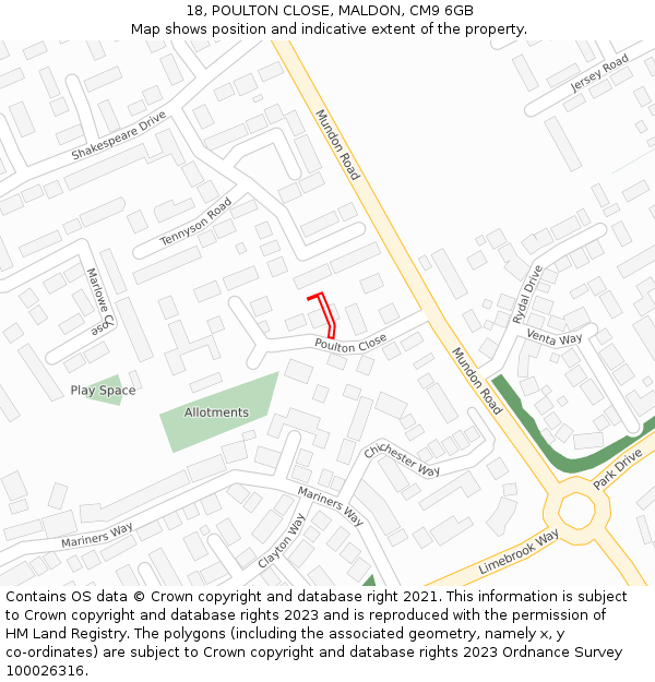 18, POULTON CLOSE, MALDON, CM9 6GB: Location map and indicative extent of plot