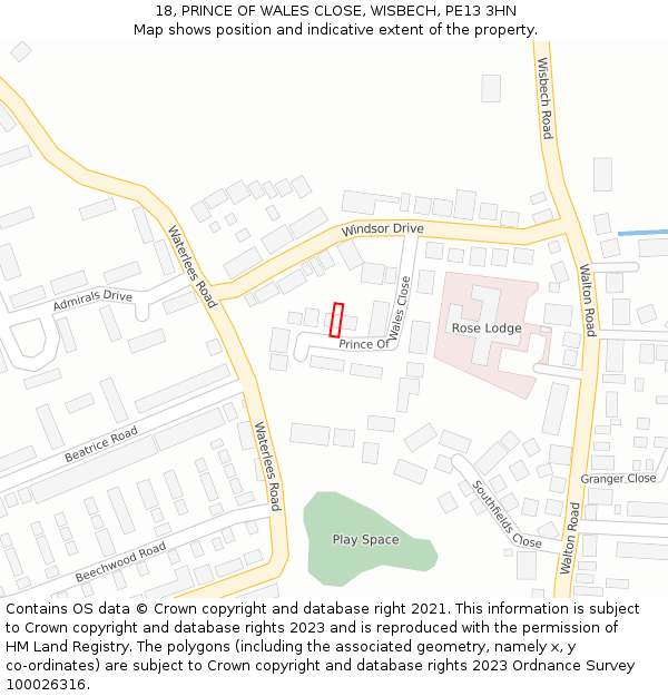 18, PRINCE OF WALES CLOSE, WISBECH, PE13 3HN: Location map and indicative extent of plot