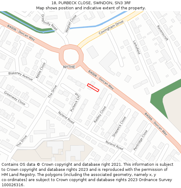 18, PURBECK CLOSE, SWINDON, SN3 3RF: Location map and indicative extent of plot