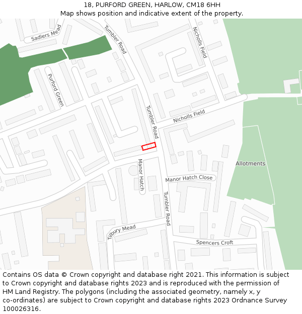 18, PURFORD GREEN, HARLOW, CM18 6HH: Location map and indicative extent of plot