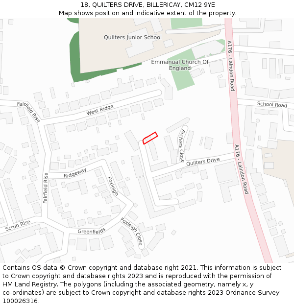 18, QUILTERS DRIVE, BILLERICAY, CM12 9YE: Location map and indicative extent of plot