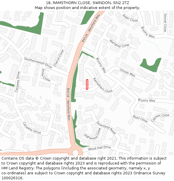 18, RAMSTHORN CLOSE, SWINDON, SN2 2TZ: Location map and indicative extent of plot