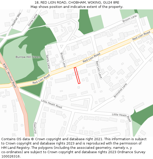 18, RED LION ROAD, CHOBHAM, WOKING, GU24 8RE: Location map and indicative extent of plot