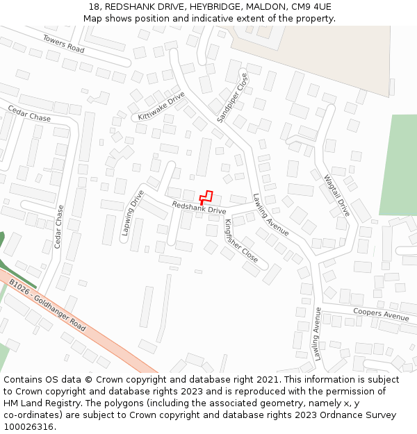18, REDSHANK DRIVE, HEYBRIDGE, MALDON, CM9 4UE: Location map and indicative extent of plot