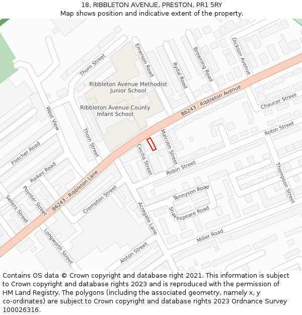 18, RIBBLETON AVENUE, PRESTON, PR1 5RY: Location map and indicative extent of plot