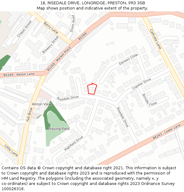 18, RISEDALE DRIVE, LONGRIDGE, PRESTON, PR3 3SB: Location map and indicative extent of plot