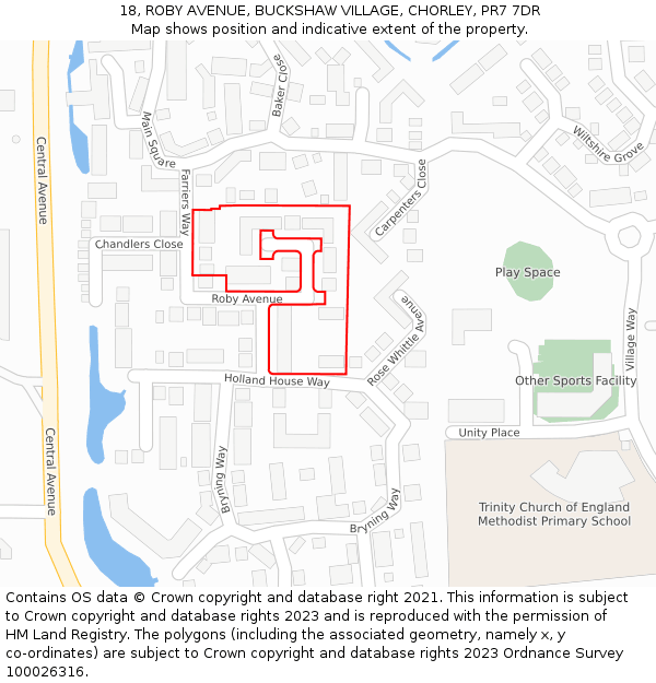 18, ROBY AVENUE, BUCKSHAW VILLAGE, CHORLEY, PR7 7DR: Location map and indicative extent of plot